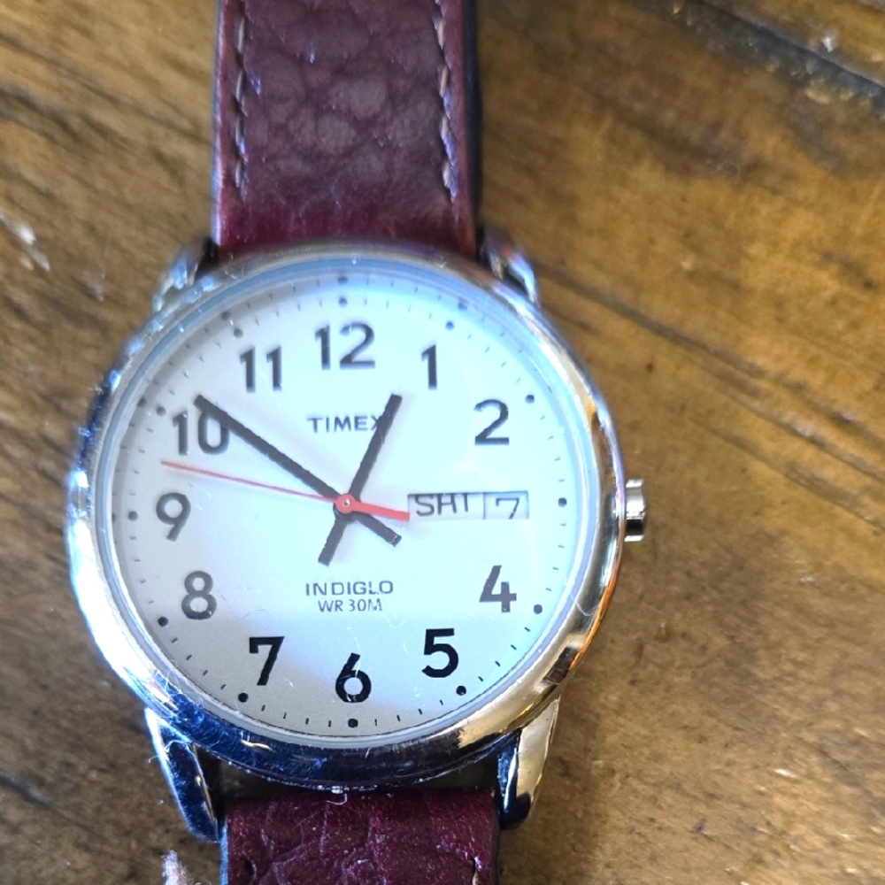 Timex Silver Case with Burgundy Strap Watch